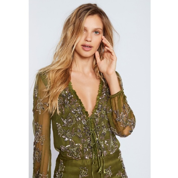 Free People Sequin Mimi Romper Olive Ranna Gill - Picture 2 of 3